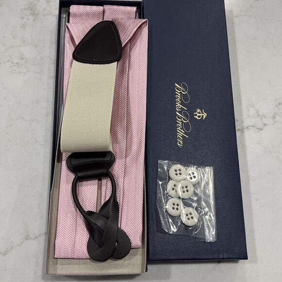Brooks Brothers NEW Silk Leather Lt Pink Suspenders Braces Herringbone Pattern - Picture 5 of 9